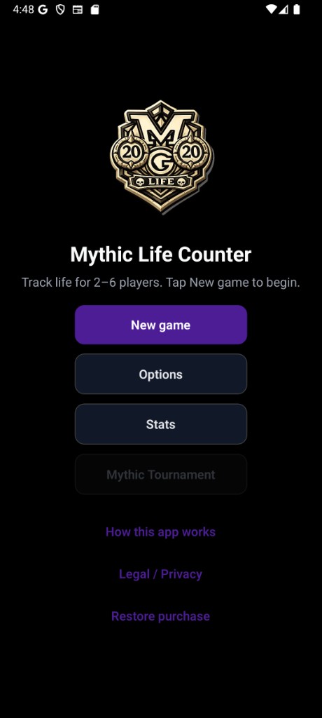 Home screen with New Game, Options, Stats, and Mythic Life Counter logo.
