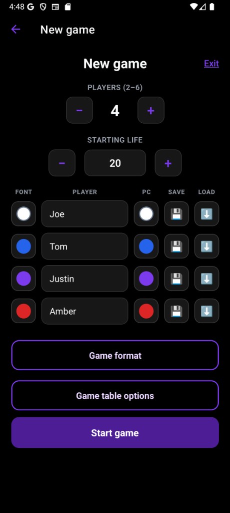 New game setup with four players, starting life, and seat customization.