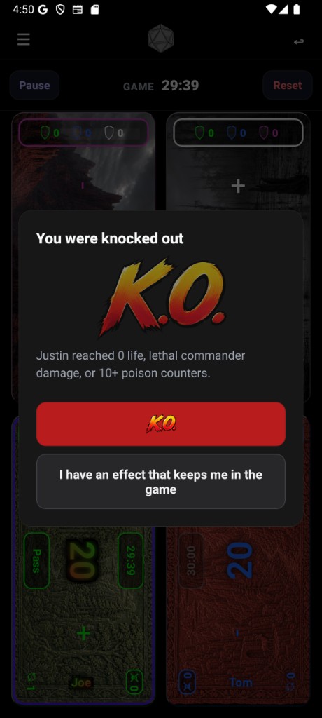 You were knocked out modal with option to stay in the game.