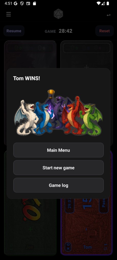 Victory screen announcing the winner with dragon illustration.